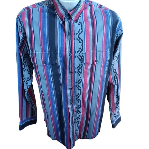 Vintage Men's Western SHirt Large Wrangler X-Long Tail 16.5-35 Striped Aztec - Picture 2 of 6
